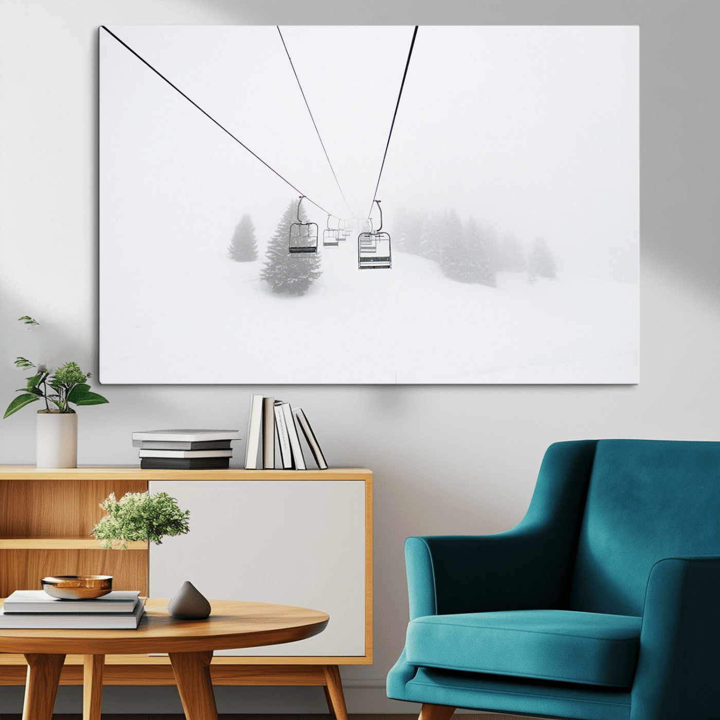 -Ski Lift Wall Art Canvas Print – Snowy Alpine Landscape Nordic Adventure Winter Mountains Artwork for Home, Office