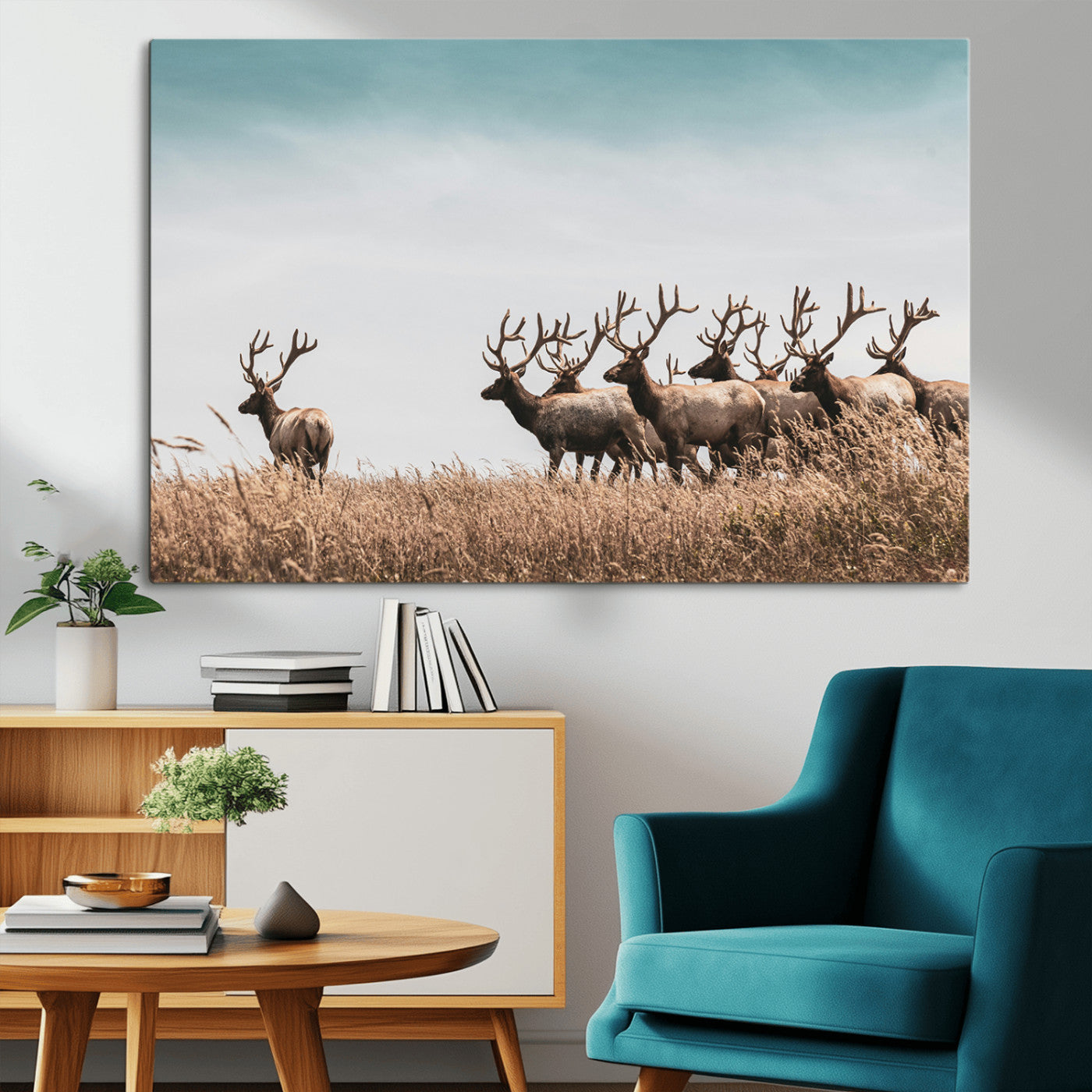 -Elk Herd Wall Art Canvas Print – Framed Wildlife Photography Rustic Nature Scene Artwork for Home, Office, Living Room