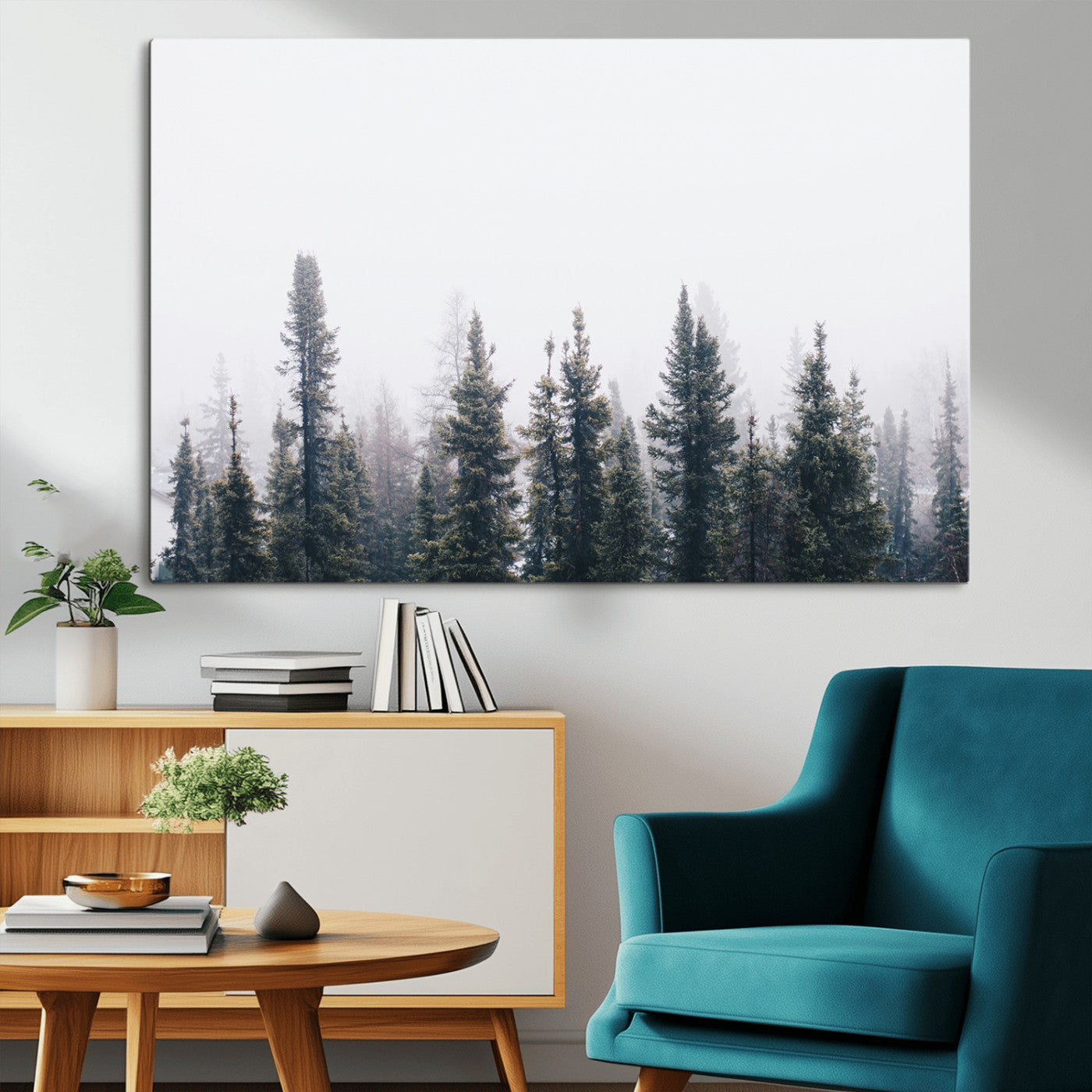 -Foggy Forest Wall Art Canvas Print – Framed Misty Pines Moody Woodland Nature Scene Artwork for Home Office