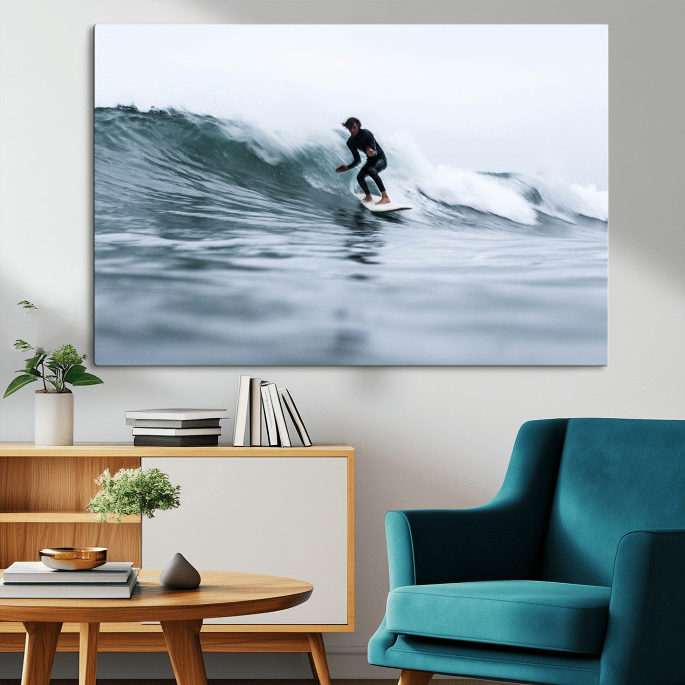 11693607-MGV-CV-36X24-Surfer on Wave Wall Art Canvas Print – Framed Ocean Adventure Motion Blur Water Coastal Action Artwork for Home, Office