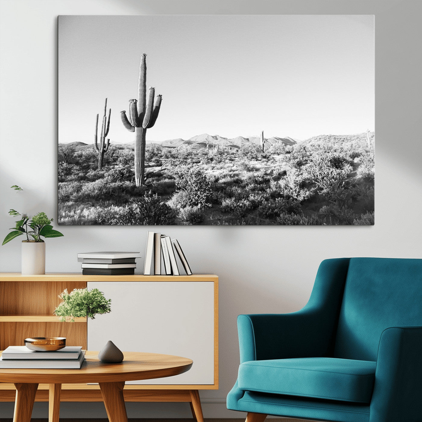 85205054-MGV-CV-36X24-Saguaro Cactus Wall Art Canvas Print – Framed Monochrome Landscape Scenic Arizona Minimalist Western Artwork for Home, Office