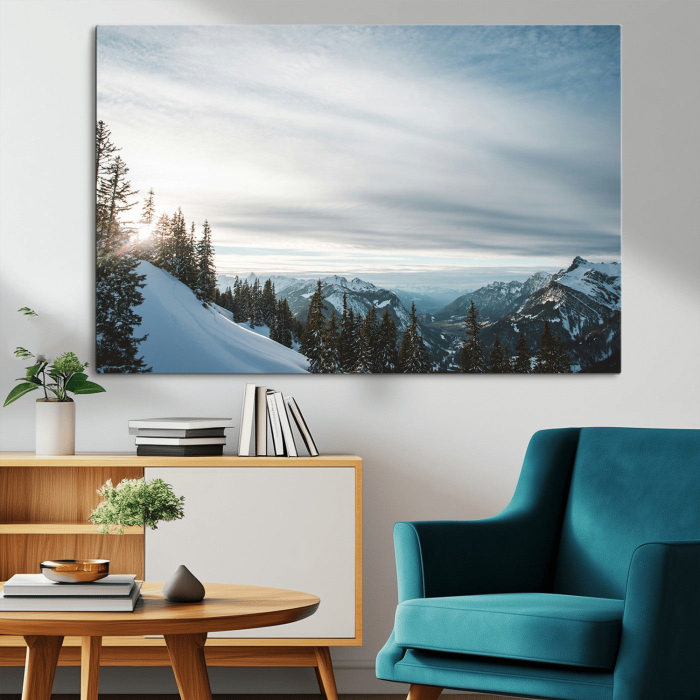 55564749-MGV-CV-36X24-Snowy Mountains Wall Art Canvas Print – Framed Alpine Landscape Frosty Peaks Nordic Minimalist Nature Artwork for Home, Office