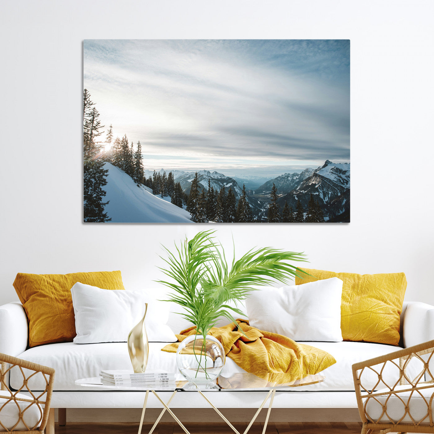 55564749-MGV-CV-36X24-Snowy Mountain Wall Art Canvas Print – Frosty Peaks Alpine Landscape Winter Sky Nature Photography Artwork for Home Office