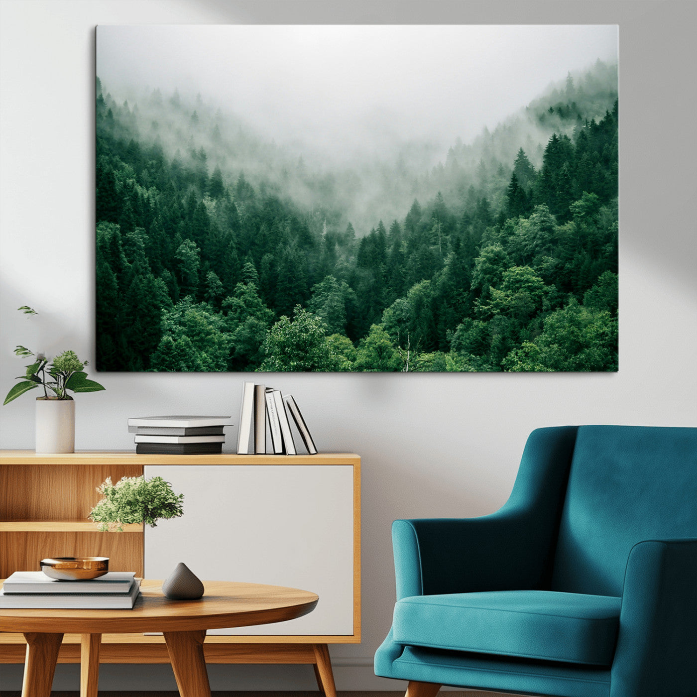 45265379-MGV-CV-36X24-Misty Green Forest Canvas Print – Framed Serene Foggy Pine Landscape Tranquil Nature Wall Art for Home, Office