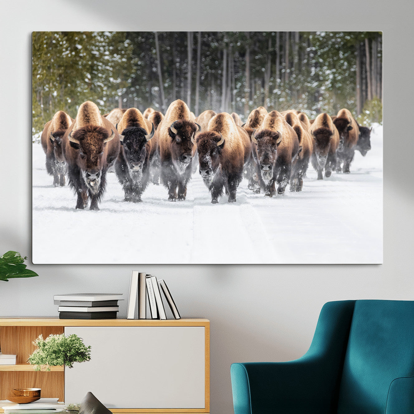 96906195-MGV-CV-36X24 - American Bison Herd Snow Canvas Wall Art – Powerful Winter Wildlife Print of Buffalo Motion, Rustic Lodge or Western Cabin Decor for Living Room, Office