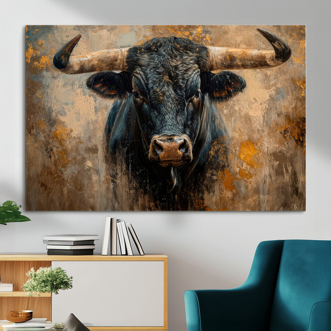 91615410-MGV-CV-36X24 - Abstract Texas Longhorn Bull Wall Art – Rustic Farmhouse Canvas Print, Western Cabin Style Decor, Large Animal Artwork for Living Room or Office