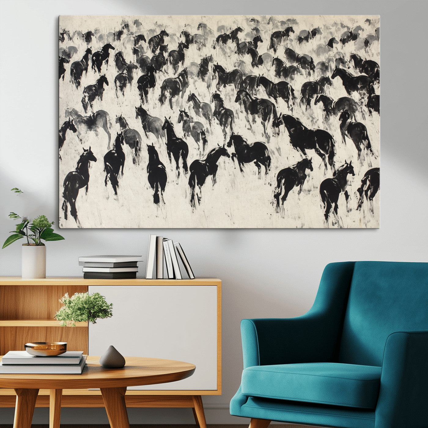 -Wild Horse Stampede Wall Art Canvas Print – Monochrome Running Horses Dynamic Motion Elegant Scene Artwork for Home, Office