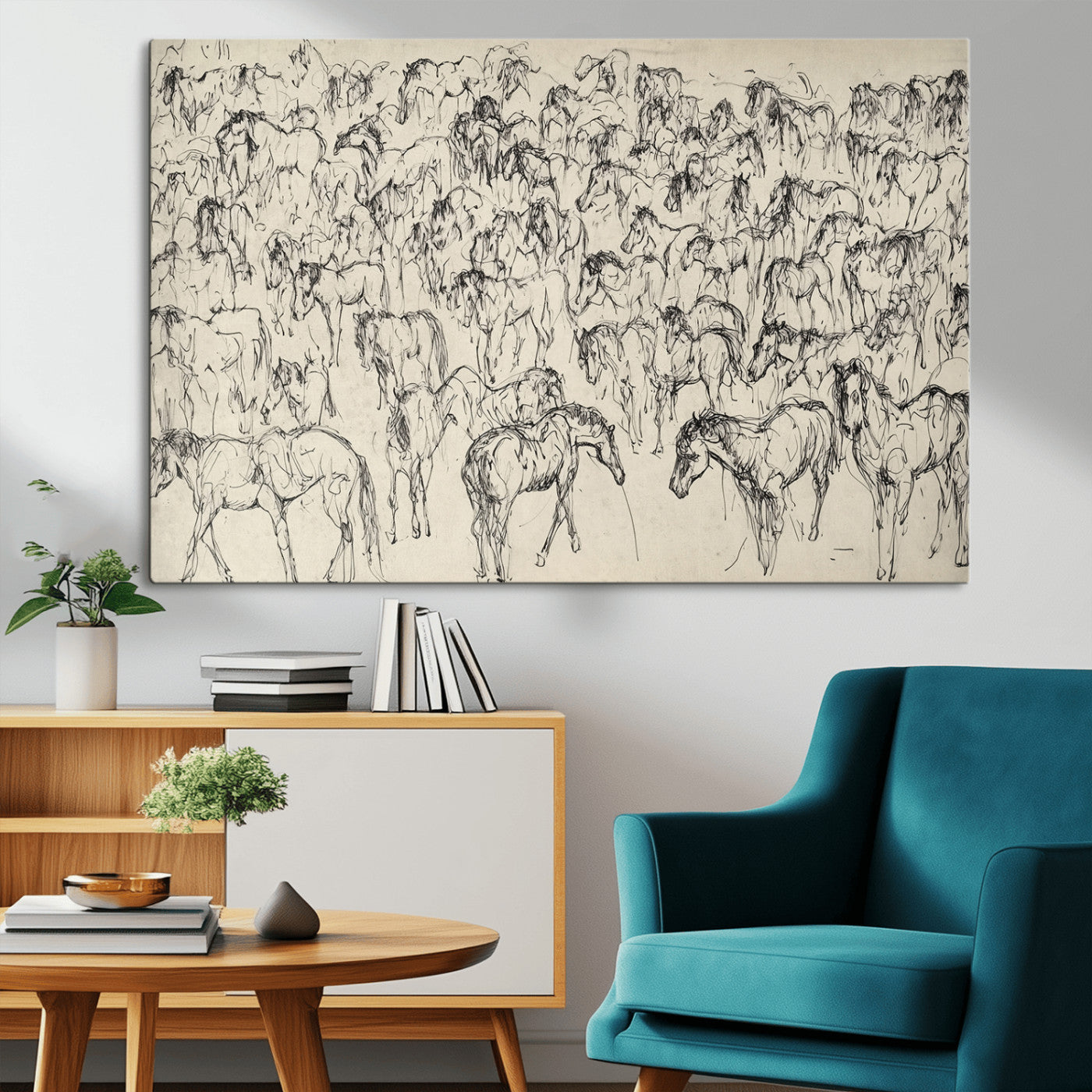 86653927-MGV-CV-36X24-Wild Horse Stampede Wall Art Canvas Print – Monochrome Running Horses Dynamic Motion Elegant Artwork for Home, Office