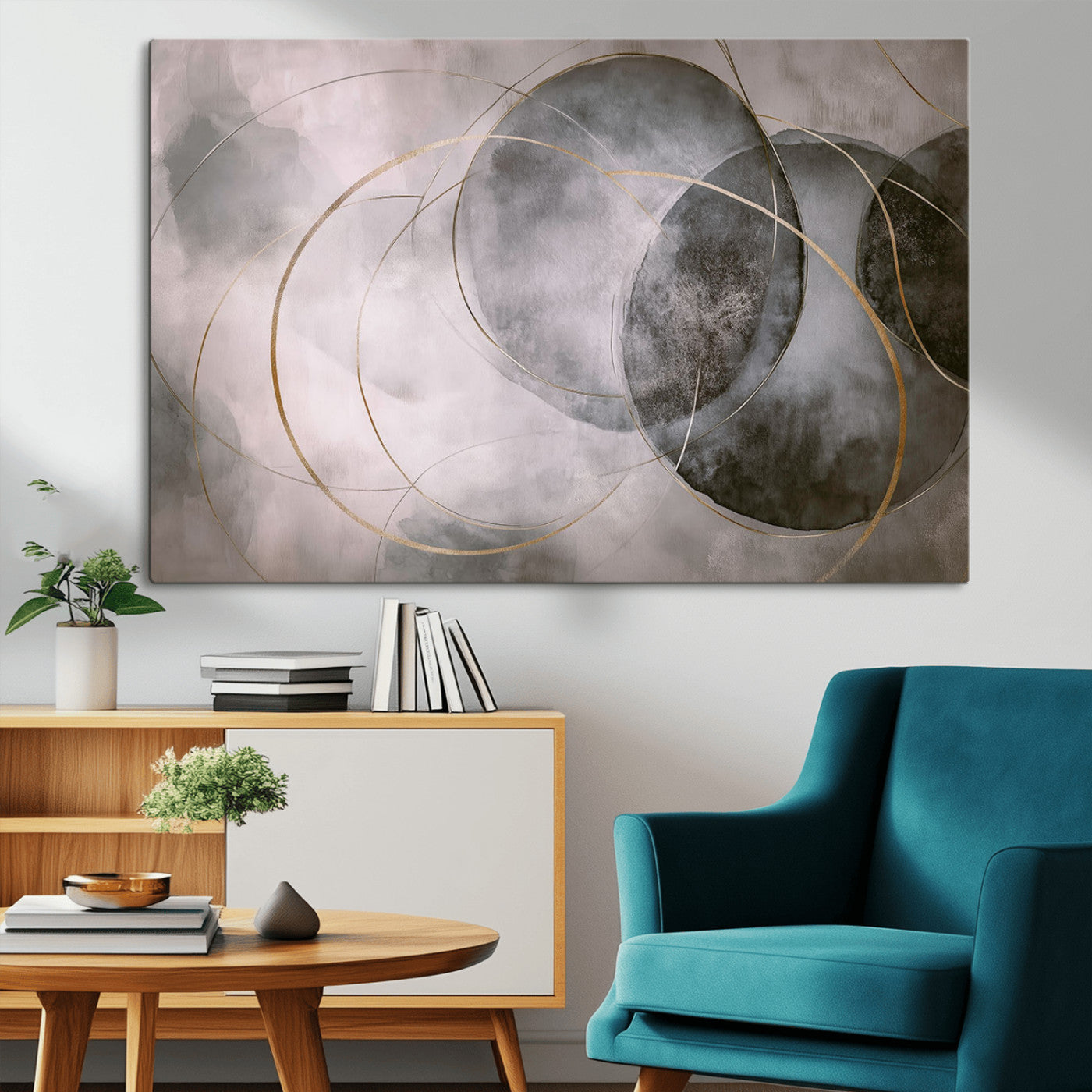 20066876-MGV-CV-36X24-Abstract Grey Gold Circle Wall Art – Modern Geometric Canvas Artwork, Minimal Elegant Design, Luxury Wall Decor for Home, Office