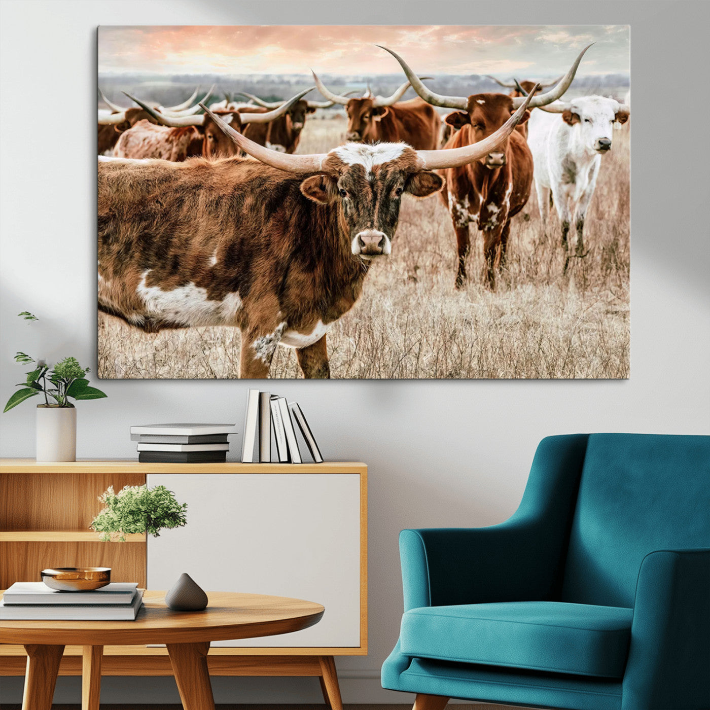 -Texas Longhorn Cattle Wall Art Canvas Print – Rustic Western Ranch Scene with Steers Sunset for Home, Office