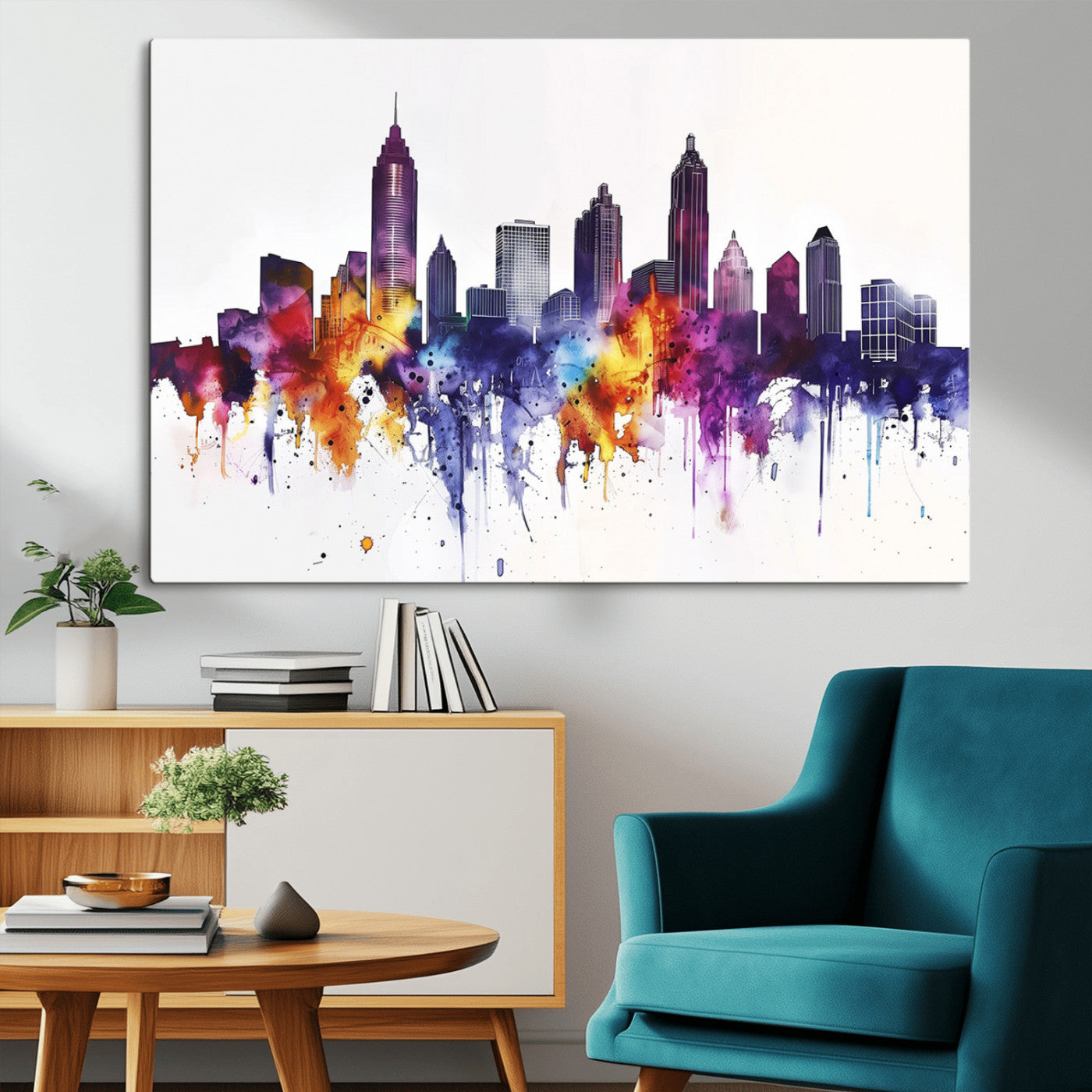 34479880-MGV-CV-36X24-Atlanta Skyline Wall Art Canvas Print – Framed Colorful Watercolor Cityscape Artwork for Home, Office, Living Room