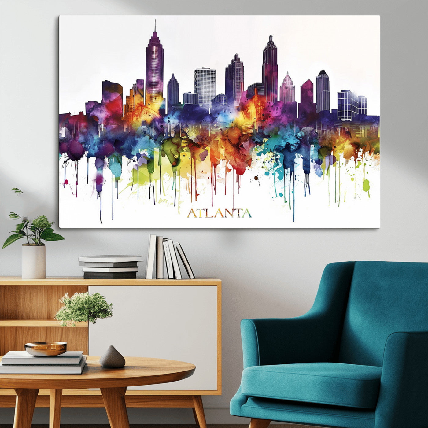 36048320-MGV-CV-36X24-Atlanta Skyline Wall Art Canvas Print – Framed Colorful Watercolor Cityscape Abstract Urban Artwork for Home, Office