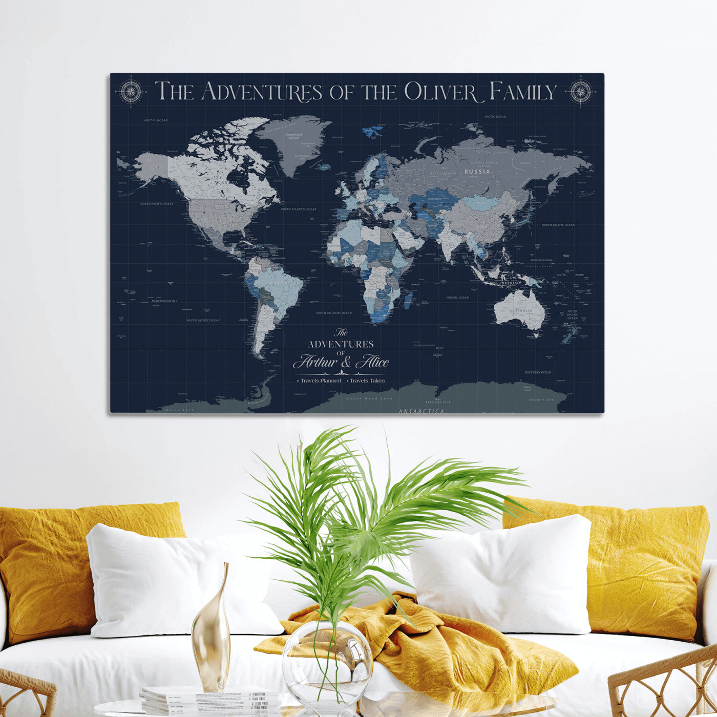 -Personalized Family Adventure World Map – Custom Framed Push Pin Travel Tracker Canvas, Elegant Wall Art for Home, Office