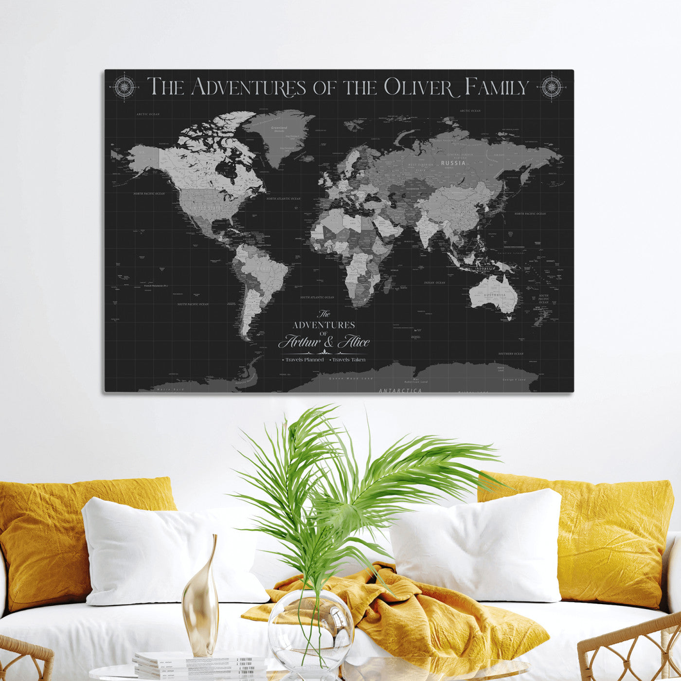-Personalized Family World Map Canvas – Custom Framed Push Pin Travel Tracker, Modern Adventure Wall Art for Home, Office