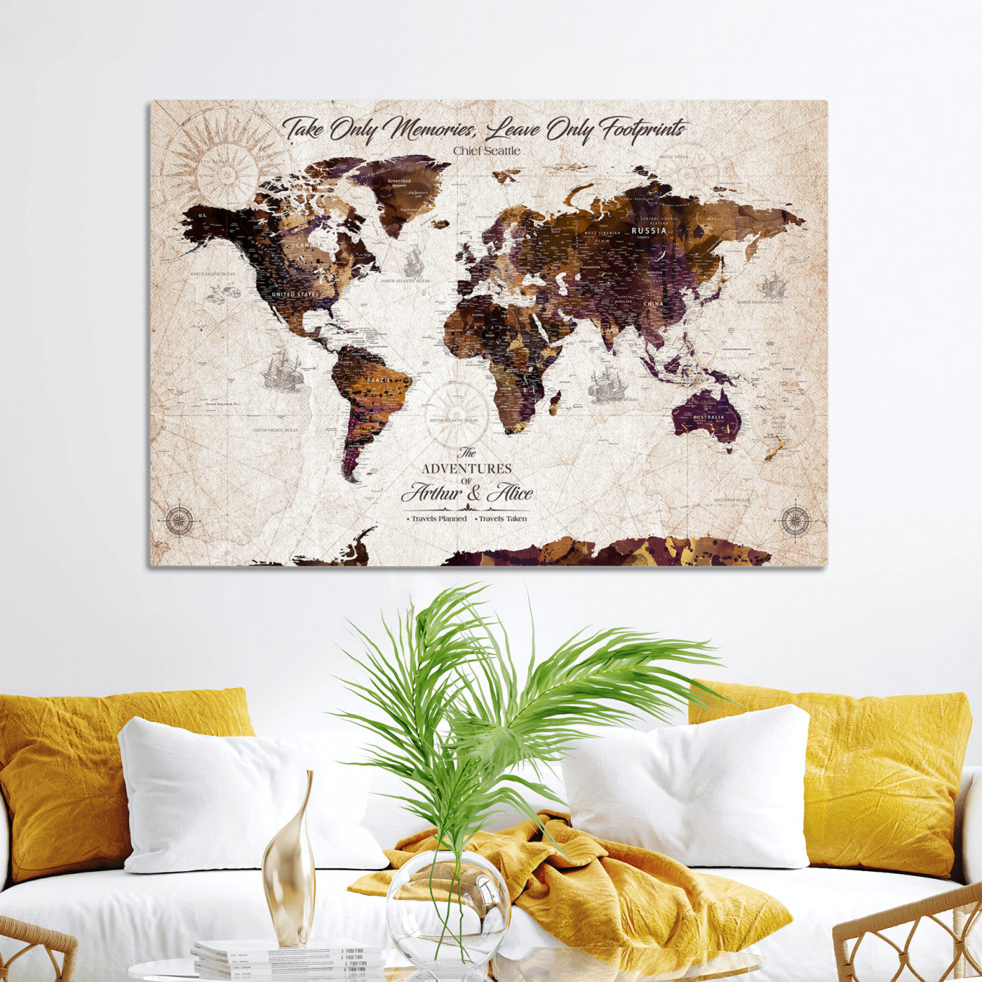 -Personalized World Map Canvas – Custom Framed Push Pin Travel Tracker, Elegant Wall Art Gift for Couples for Home, Office