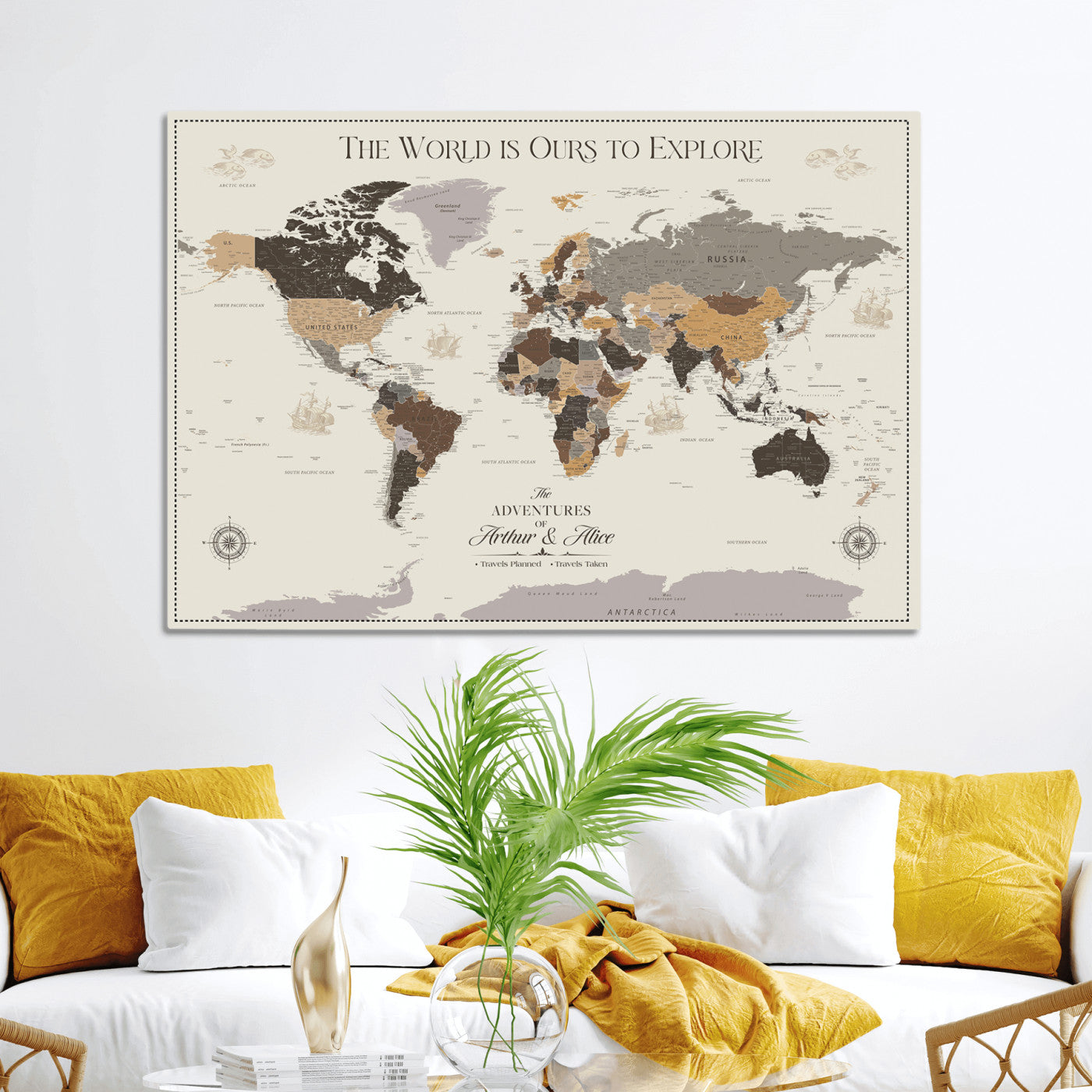 -Personalized World Map Canvas Custom Framed Push Pin Travel Tracker Contemporary Wall Art Gift Couples Explorers Home Office