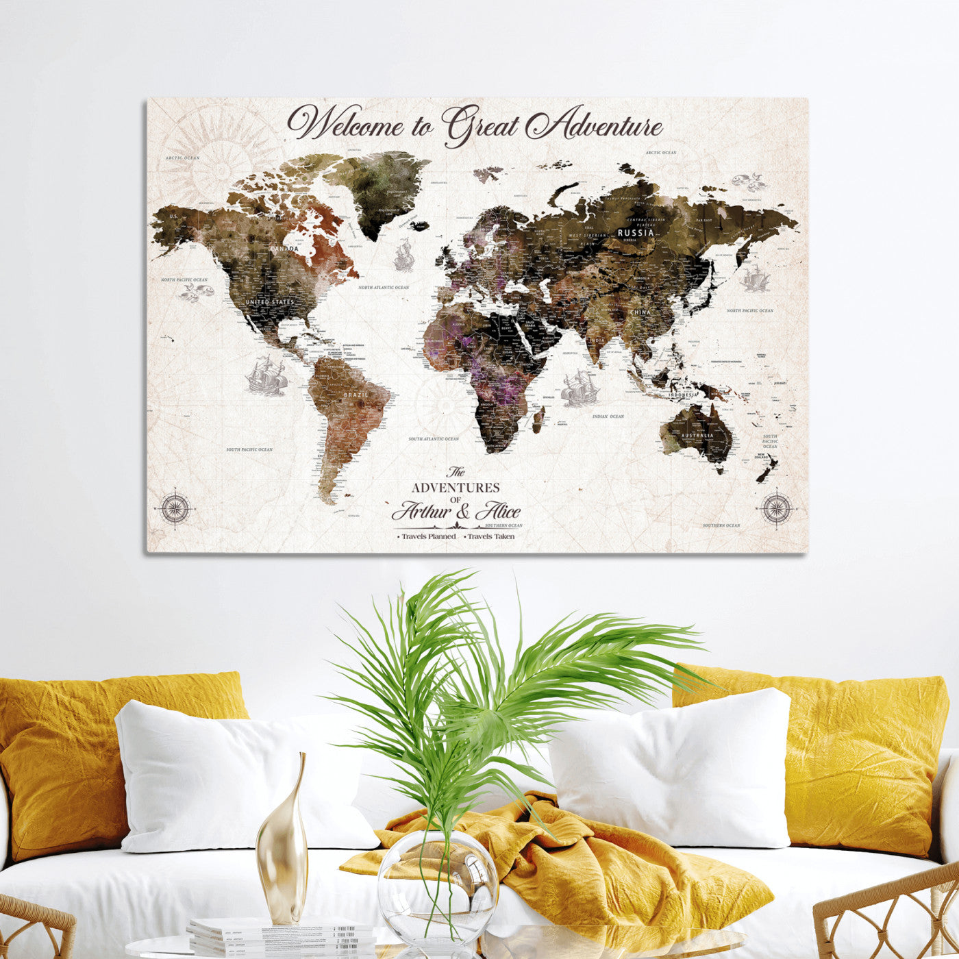 -Personalized World Map Canvas Custom Framed Push Pin Travel Tracker Vintage Adventure Wall Art Gift Couples Travelers Home, Office