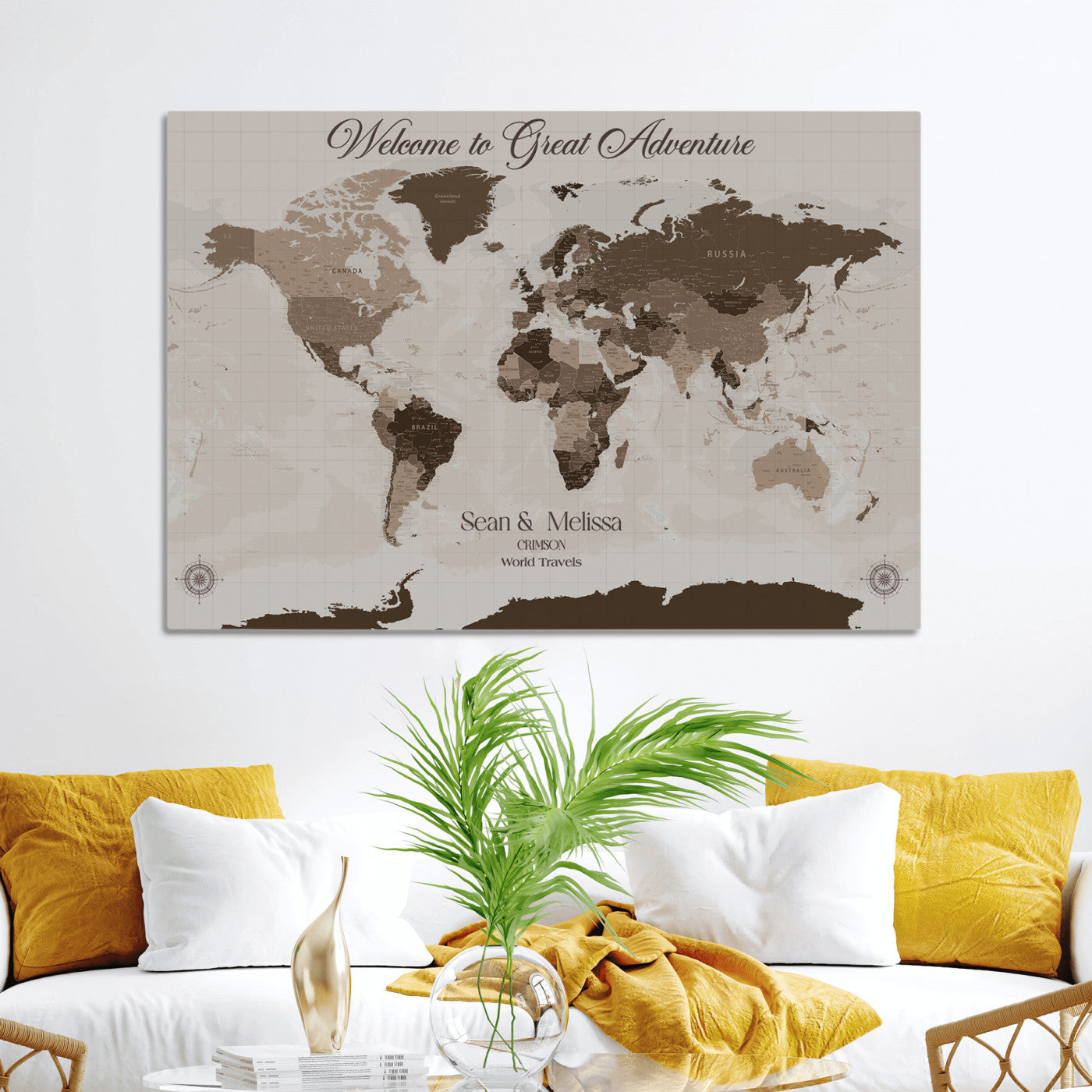 -Personalized World Map Canvas Custom Framed Push Pin Travel Tracker Modern Minimalist Wall Art Gift Couples for Home, Office