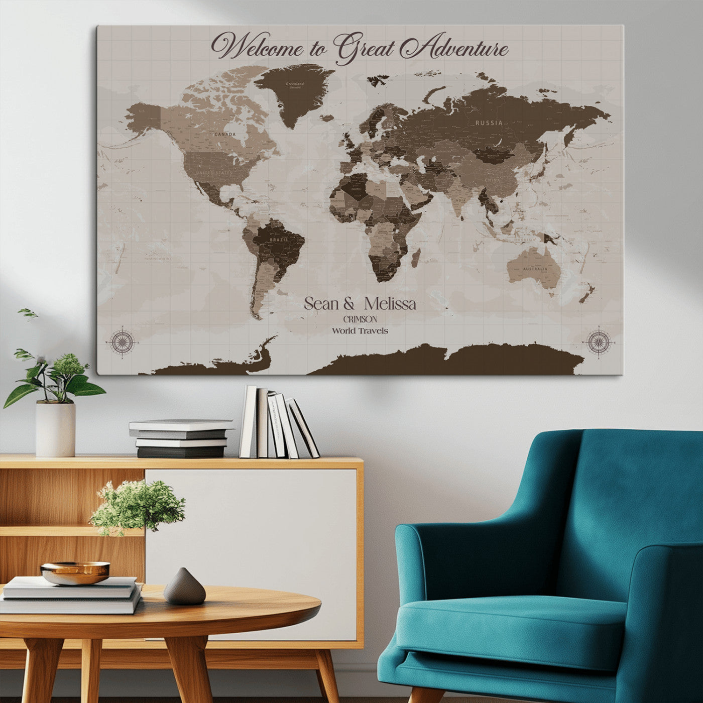Rehber01-MGV-CV-36X24-Custom Push Pin World Map Wall Art Canvas Print – Personalized Travel Tracker with Pins Framed Large for home, office