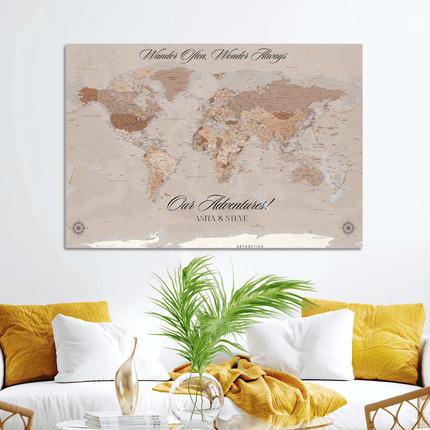 -Personalized World Map Canvas Custom Framed Push Pin Travel Tracker Elegant Neutral Wall Art Gift Couples Travelers for Home, Office