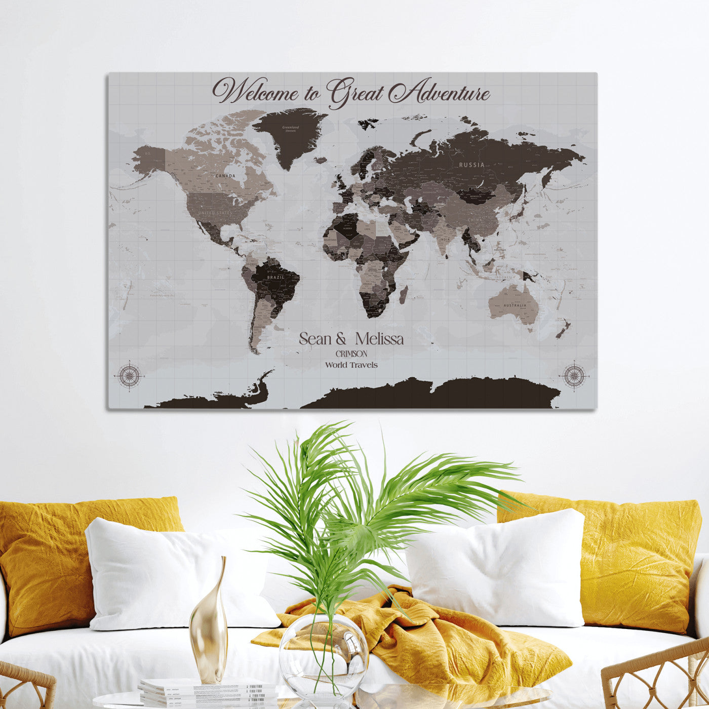 -Personalized Gray Brown World Map Canvas Custom Framed Push Pin Travel Tracker Modern Neutral Wall Art Gift Couples for Home, Office