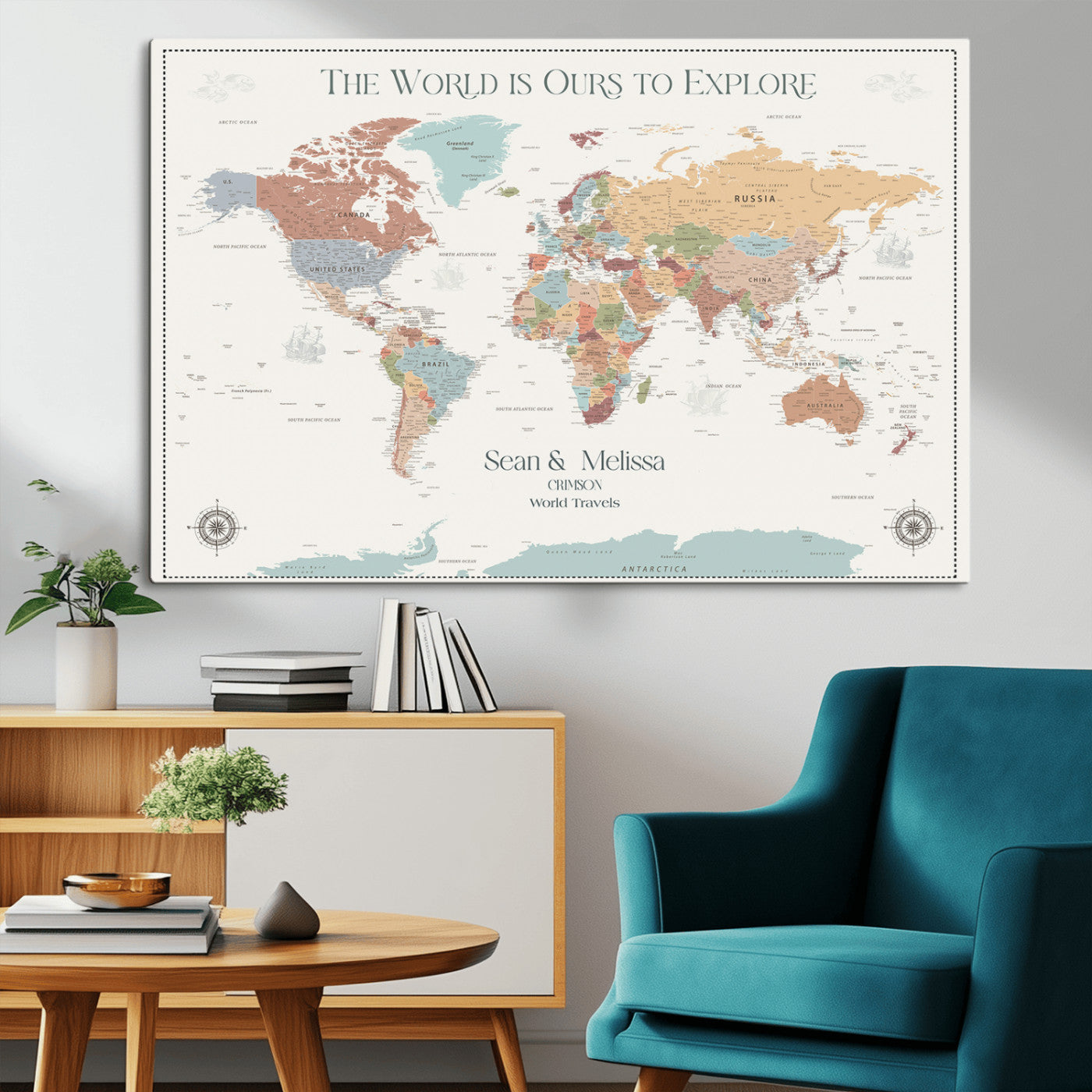 Rehber01-MGV-CV-36X24-Custom Push Pin World Map Wall Art Canvas Print – Personalized Travel Tracker with Pins Framed Large for home, office