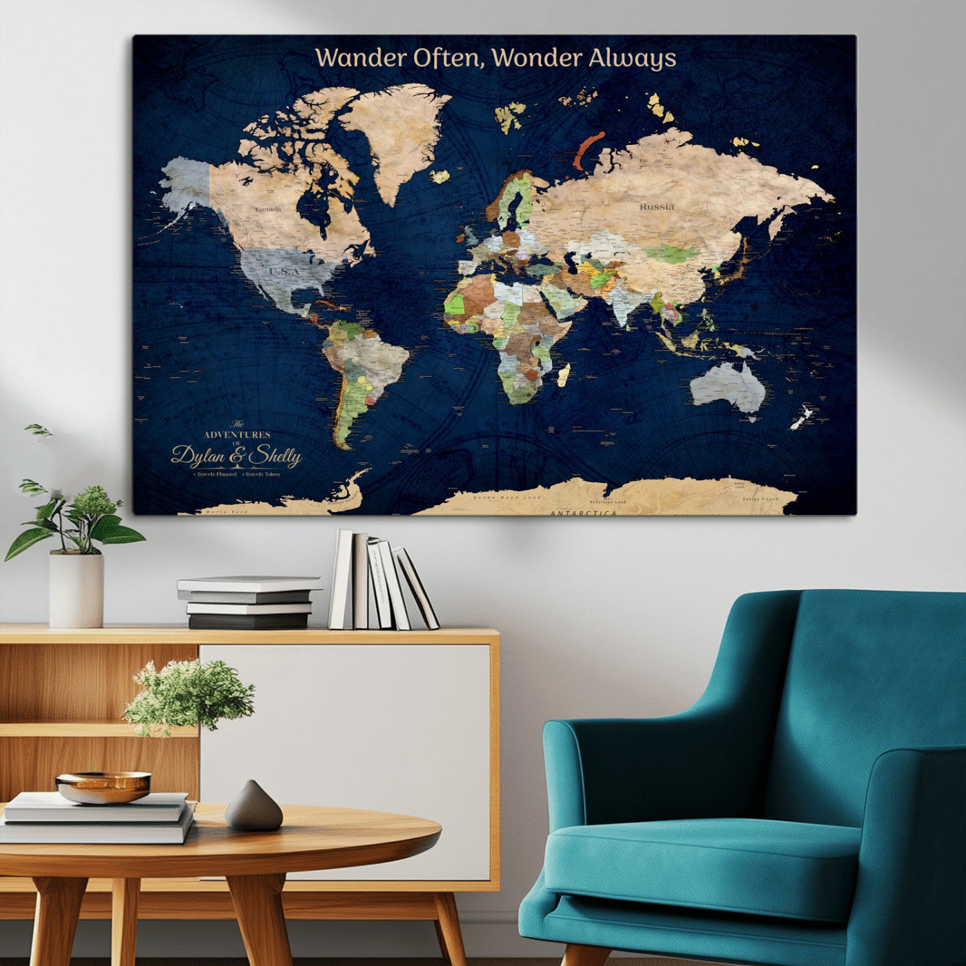 Rehber01-MGV-CV-36X24-Personalized World Map Canvas – Custom Framed Push Pin Travel Map Wall Art, Navy Blue Vintage Gift for Couples and Adventurers