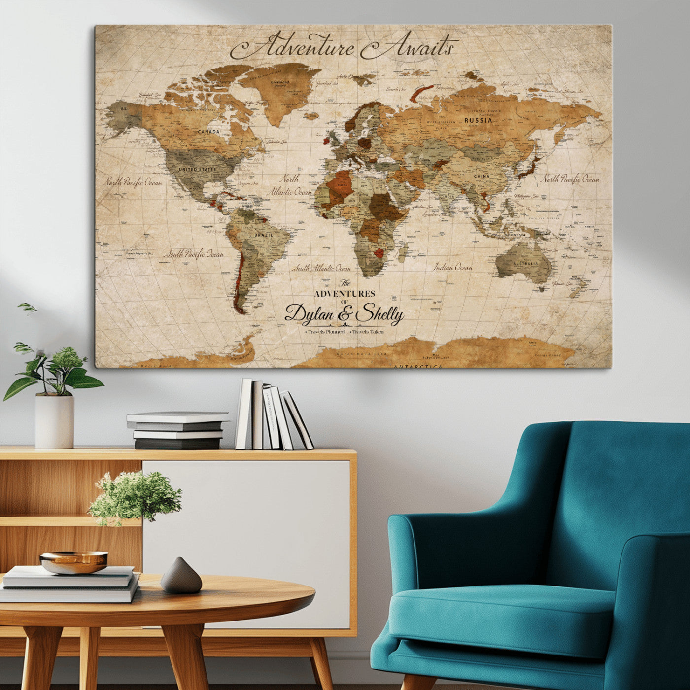 Rehber01-MGV-CV-36X24-Personalized Push Pin World Map Canvas Print – Custom Adventure Travel Map, Framed Wall Art Gift for Couples or Family