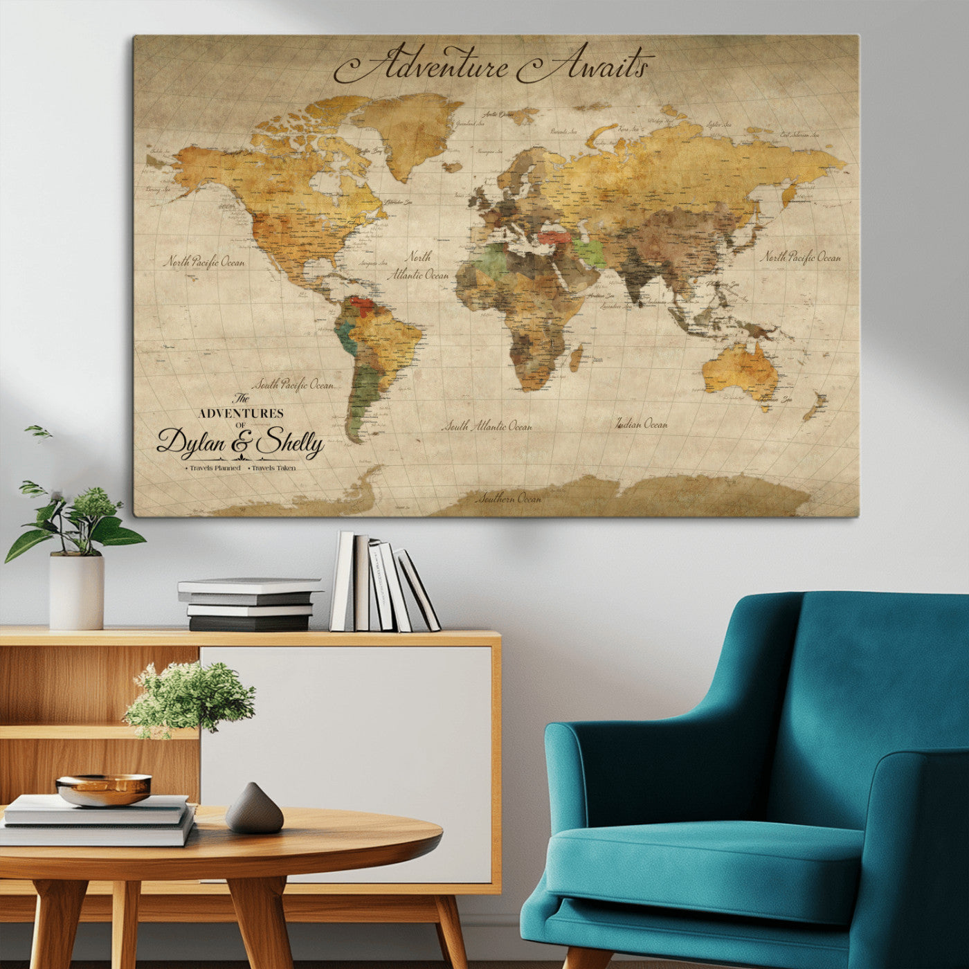 Rehber01-MGV-CV-36X24-Personalized World Map Canvas – Custom Framed Push Pin Travel Map Wall Art, Rustic Vintage Gift for Couples and Travel Lovers