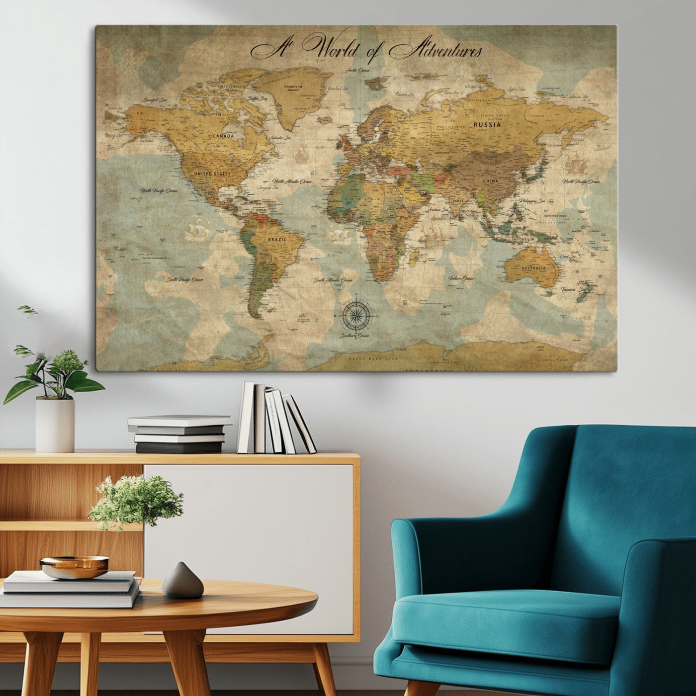 Rehber01-MGV-CV-36X24-Personalized World Map Canvas – Custom Framed Push Pin Travel Map Wall Art, Vintage Style Gift for Couples or Families