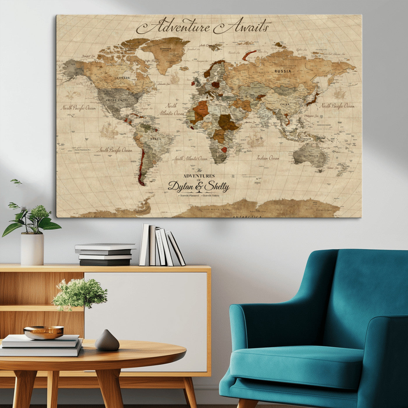 Rehber01-MGV-CV-36X24-Personalized World Map Canvas – Custom Framed Push Pin Travel Map Wall Art with Names, Vintage Style Gift for Couples