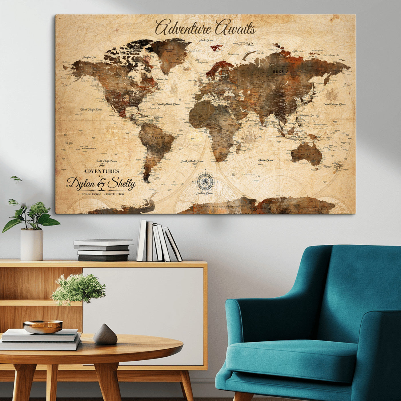 Rehber01-MGV-CV-36X24-Personalized World Map Canvas Wall Art – Custom Framed Push Pin Travel Tracker Print, Unique Gift for Home or Office Decor