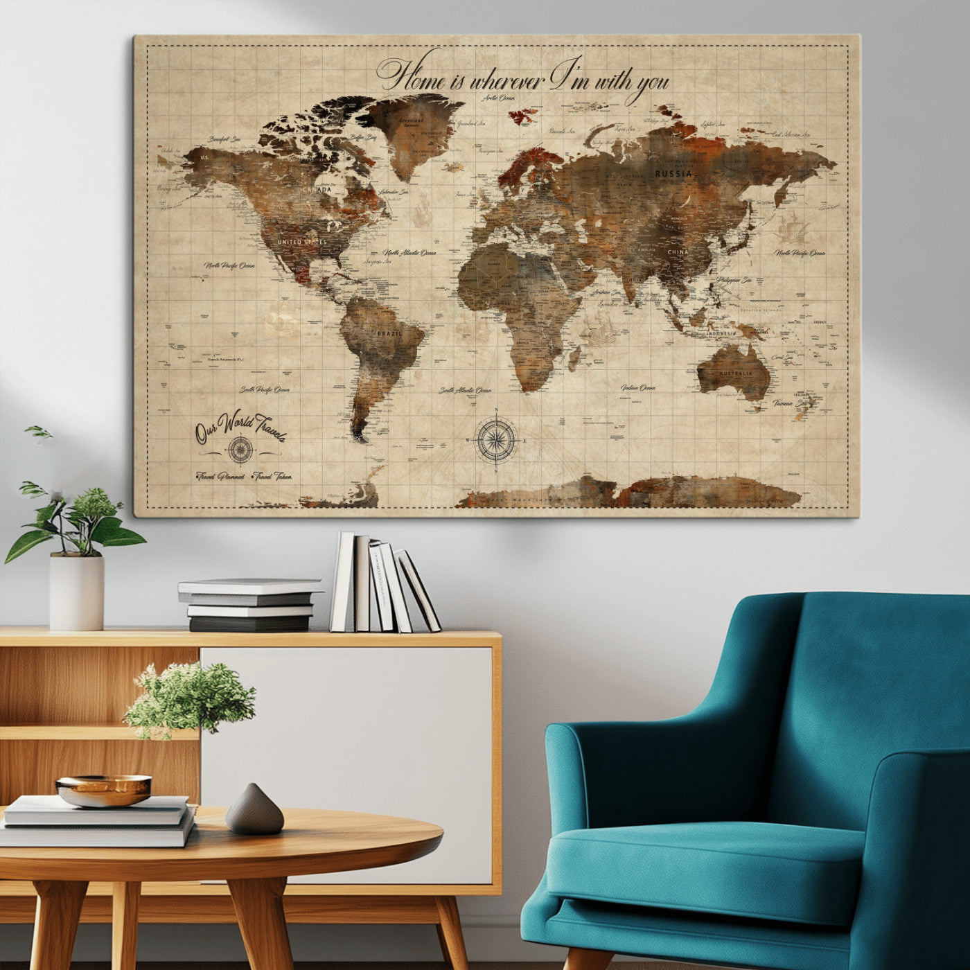 Rehber01-MGV-CV-36X24-Personalized World Map Print, Customizable Push Pin Framed World Map Print on Canvas - Custom Quote