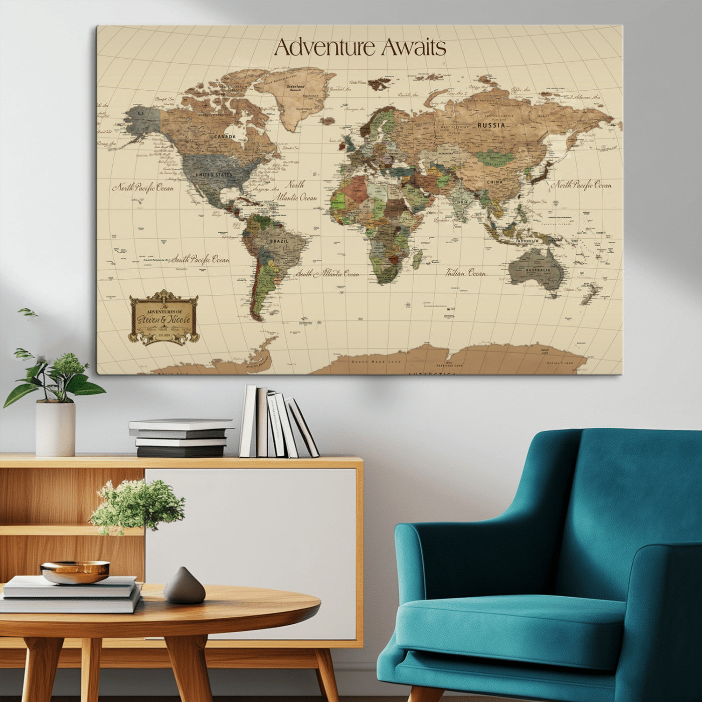 Rehber01-MGV-CV-36X24-Custom Push Pin World Map Wall Art Canvas Print – Personalized Travel Tracker Adventure Destination Gift for Home Office
