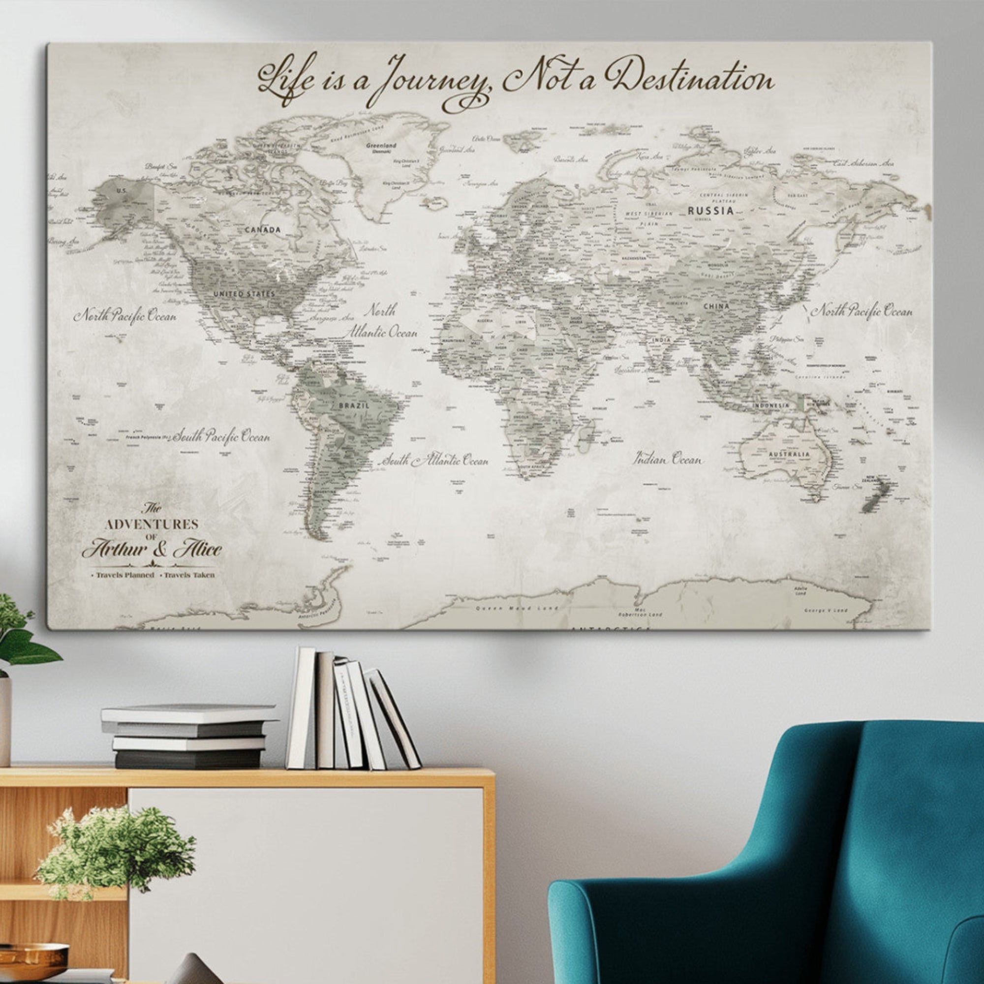 11398637-MGV-CV-36X24-Personalized World Map Wall Art – Custom Framed Push Pin Travel Tracker Canvas Print Unique Gift for Home, Office
