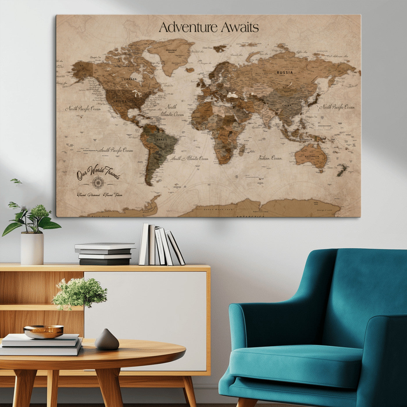 Rehber01-MGV-CV-36X24-Personalized Framed World Map Wall Art Canvas – Custom Push Pin Travel Map with 100 Pins Foam Backing for Home Office