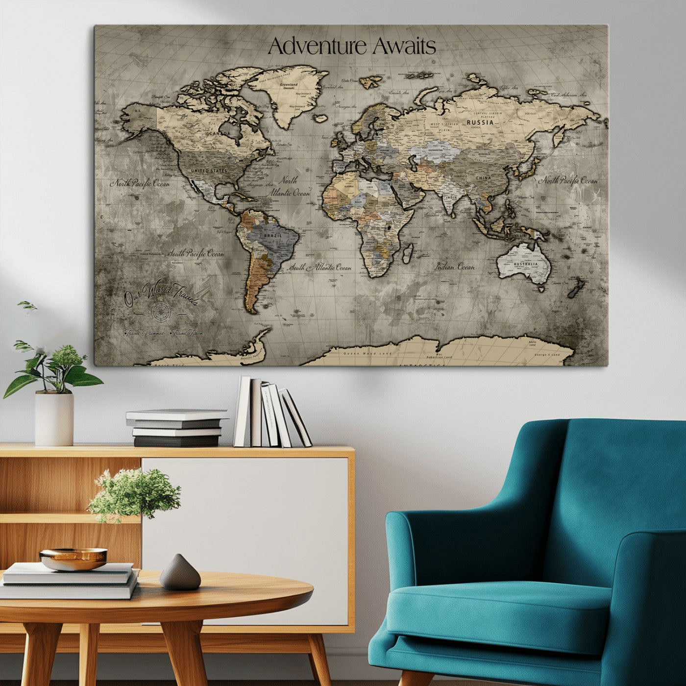 -Tree Rings Wall Art Canvas Print, Framed Wood Texture Art Picture Print, Blue Grain Perfect Rustic