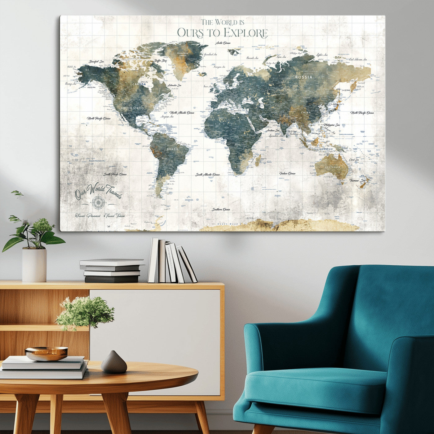 -Custom Push Pin World Map Wall Art Canvas Print – Adventure Travel Tracker Map with Pins Artwork for Home Office