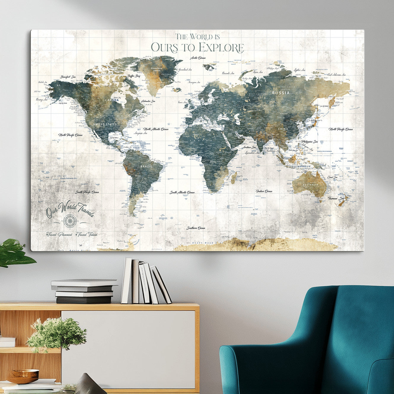 14988581-MGV-CV-36X24 - Custom Push Pin World Map Wall Canvas Print – Personalized Travel Tracker with Pins – Framed Custom Quotie Canvas for Home Office Decor