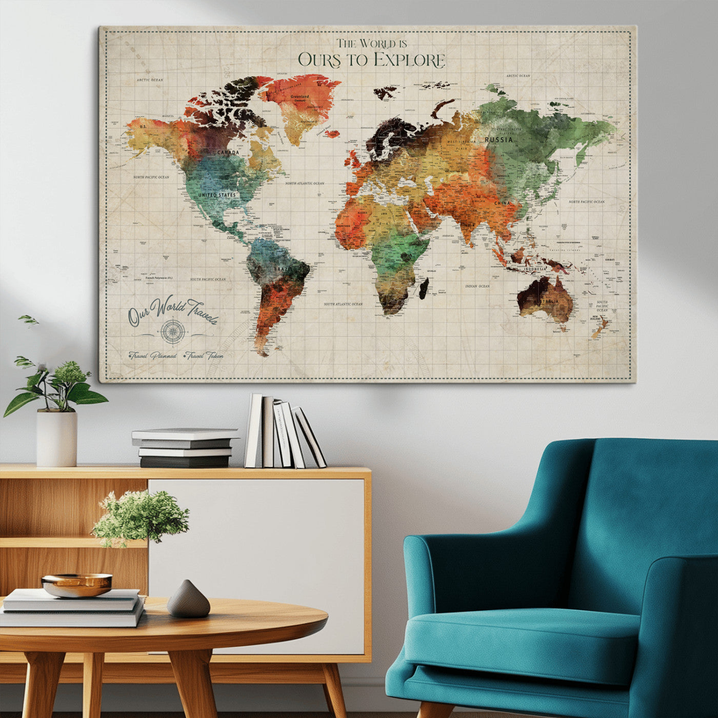 Rehber01-MGV-CV-36X24-Custom Push Pin World Map Wall Art Canvas Print – Personalized Travel Tracker Map Framed Artwork for Home Office