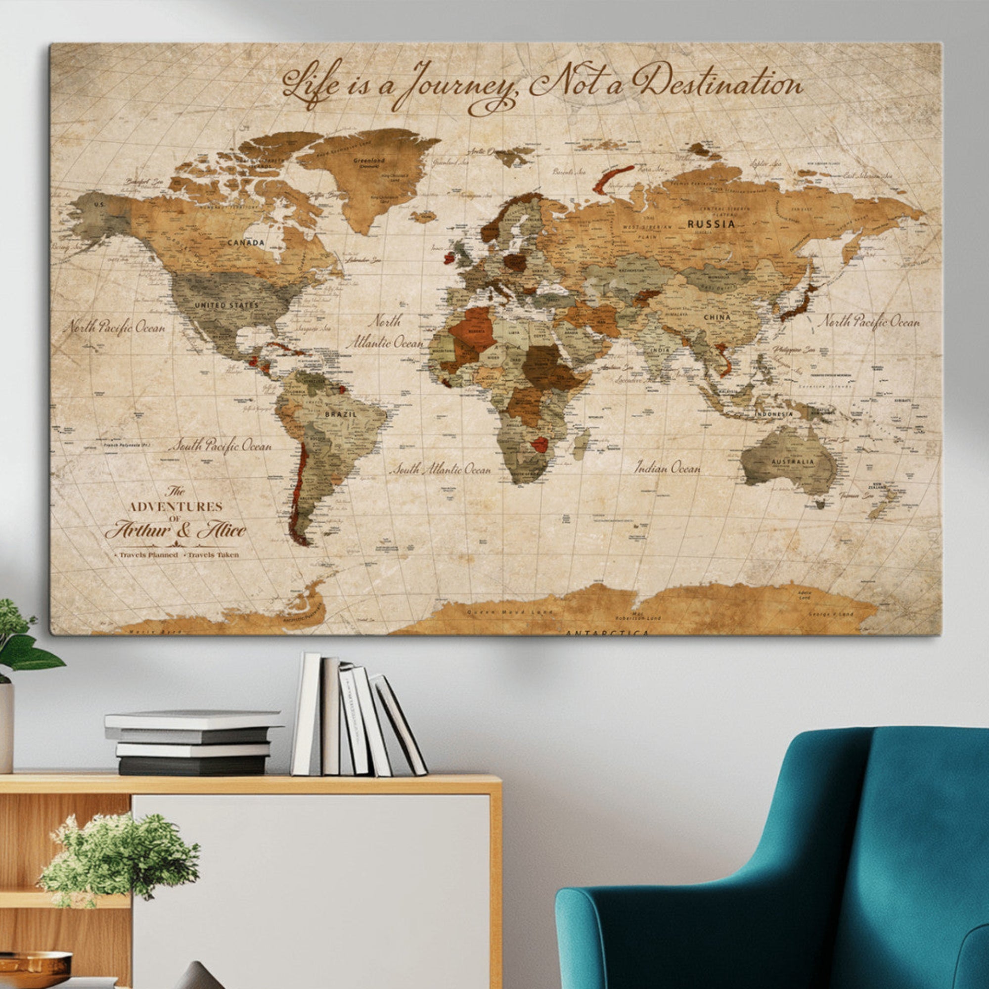 79036691-MGV-CV-36X24-Personalized World Map Canvas Wall Art – Custom Framed Push Pin Travel Tracker Print, Unique Gift for Home or Office Decor