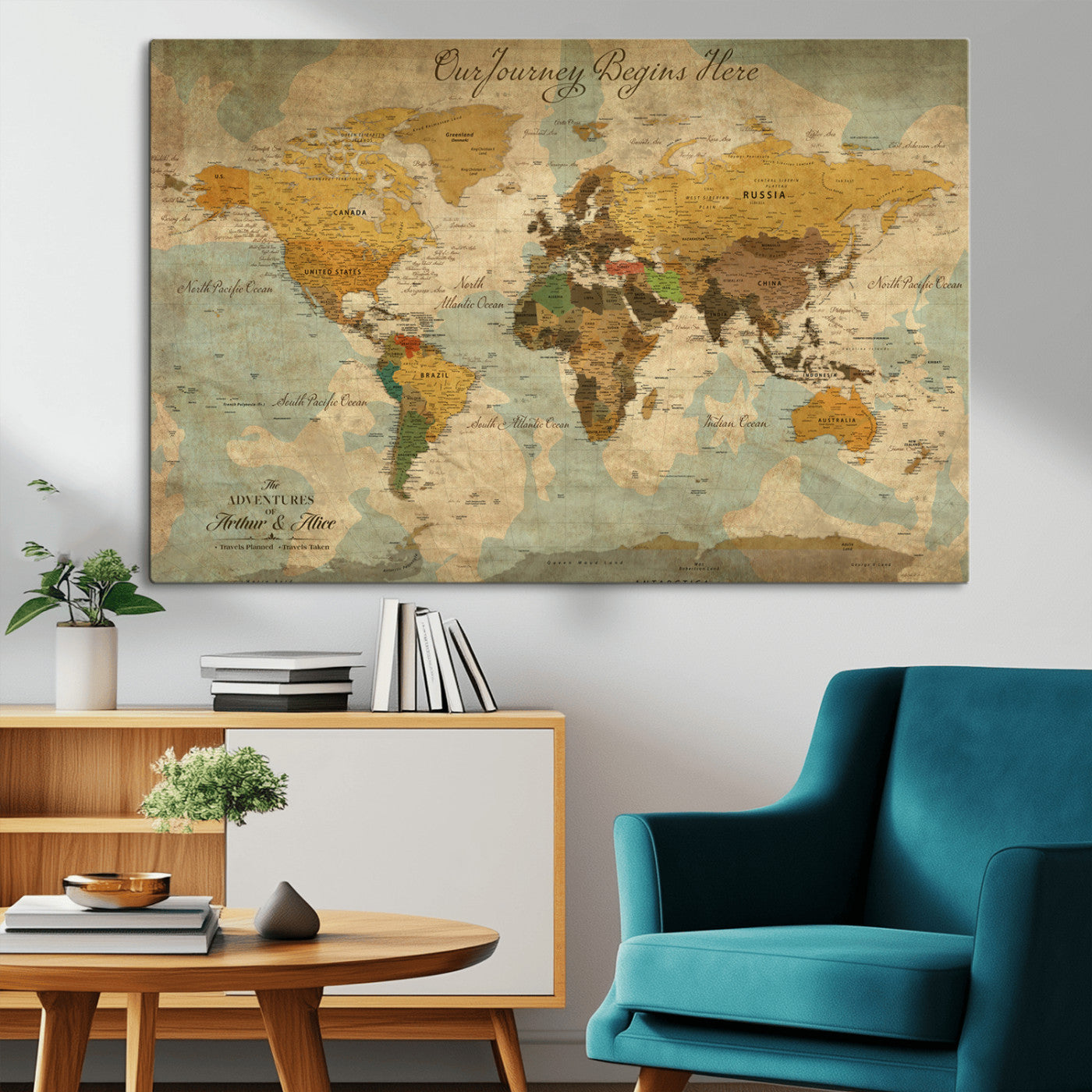 40572820-MGV-CV-36X24-Personalized World Map Canvas – Custom Framed Push Pin Travel Map Wall Art, Vintage Style Gift for Couples