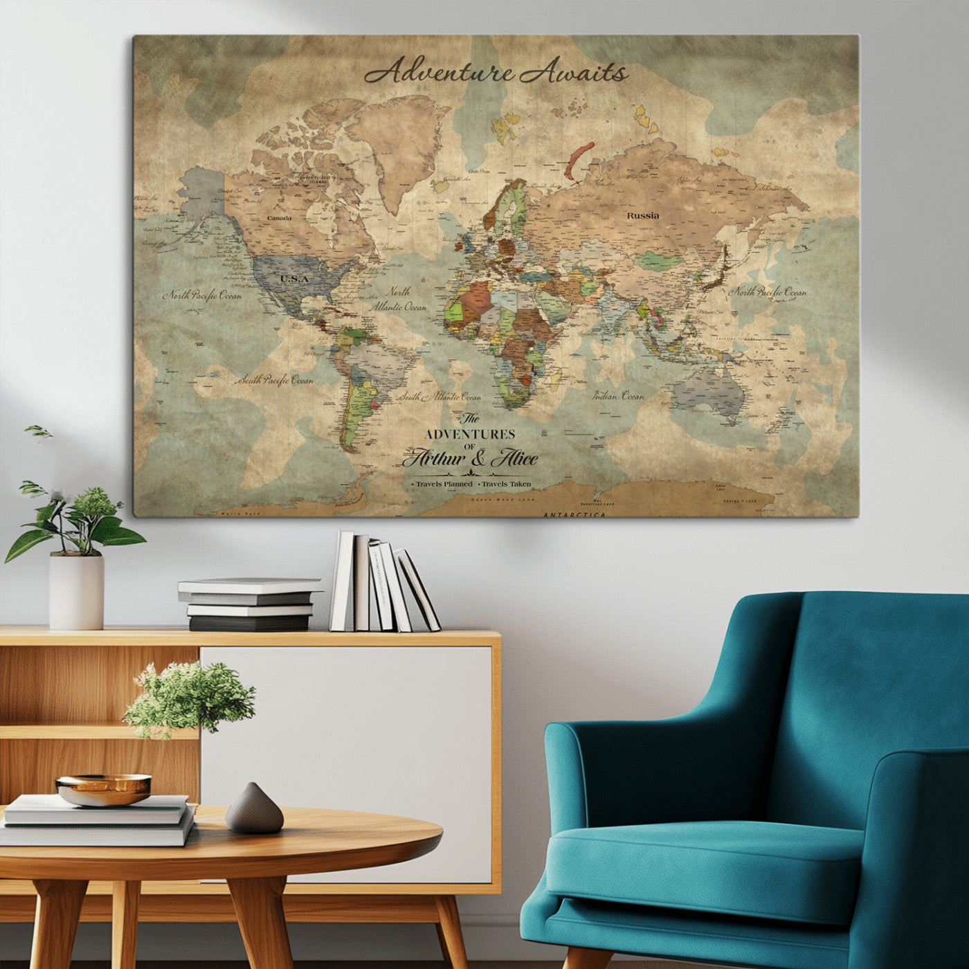 Rehber01-MGV-CV-36X24-Personalized Vintage World Map Canvas Print – Custom Push Pin Travel Map Antique Style Gift for Couples Travelers for Home Office