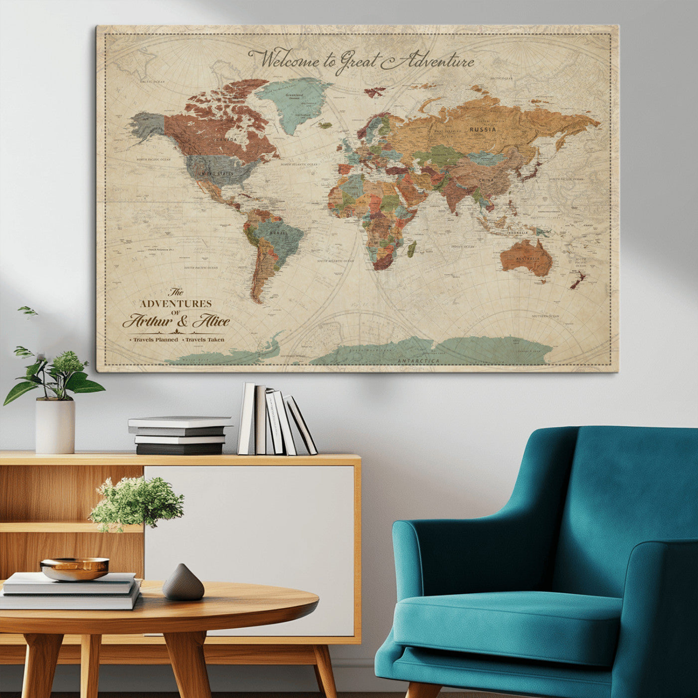 Rehber01-MGV-CV-36X24-Personalized Antique World Map Canvas Print – Custom Push Pin Travel Map Vintage Gift for Couples Explorers for Home, Office