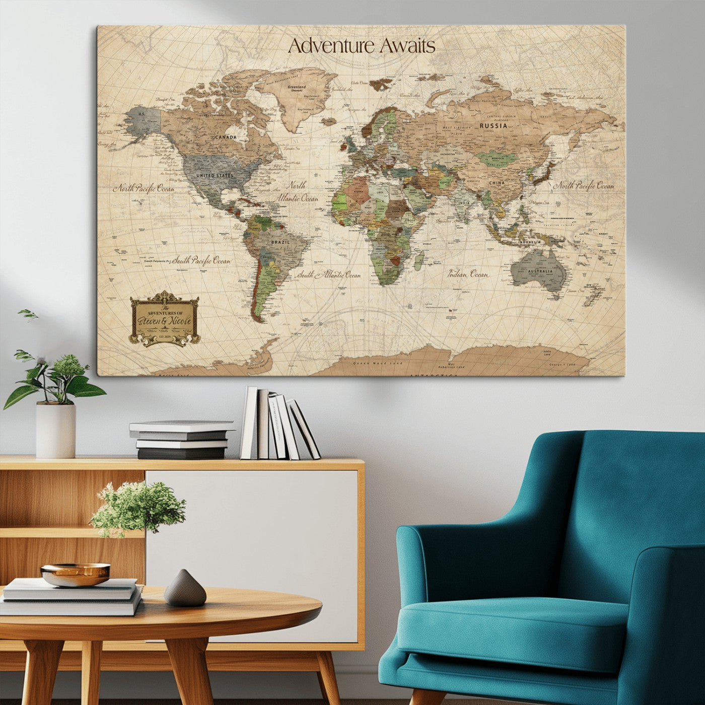 33020399-MGV-CV-36X24-Personalized World Map Canvas Print – Custom Push Pin Travel Tracker Map Anniversary Gift for Couples for Home, Office
