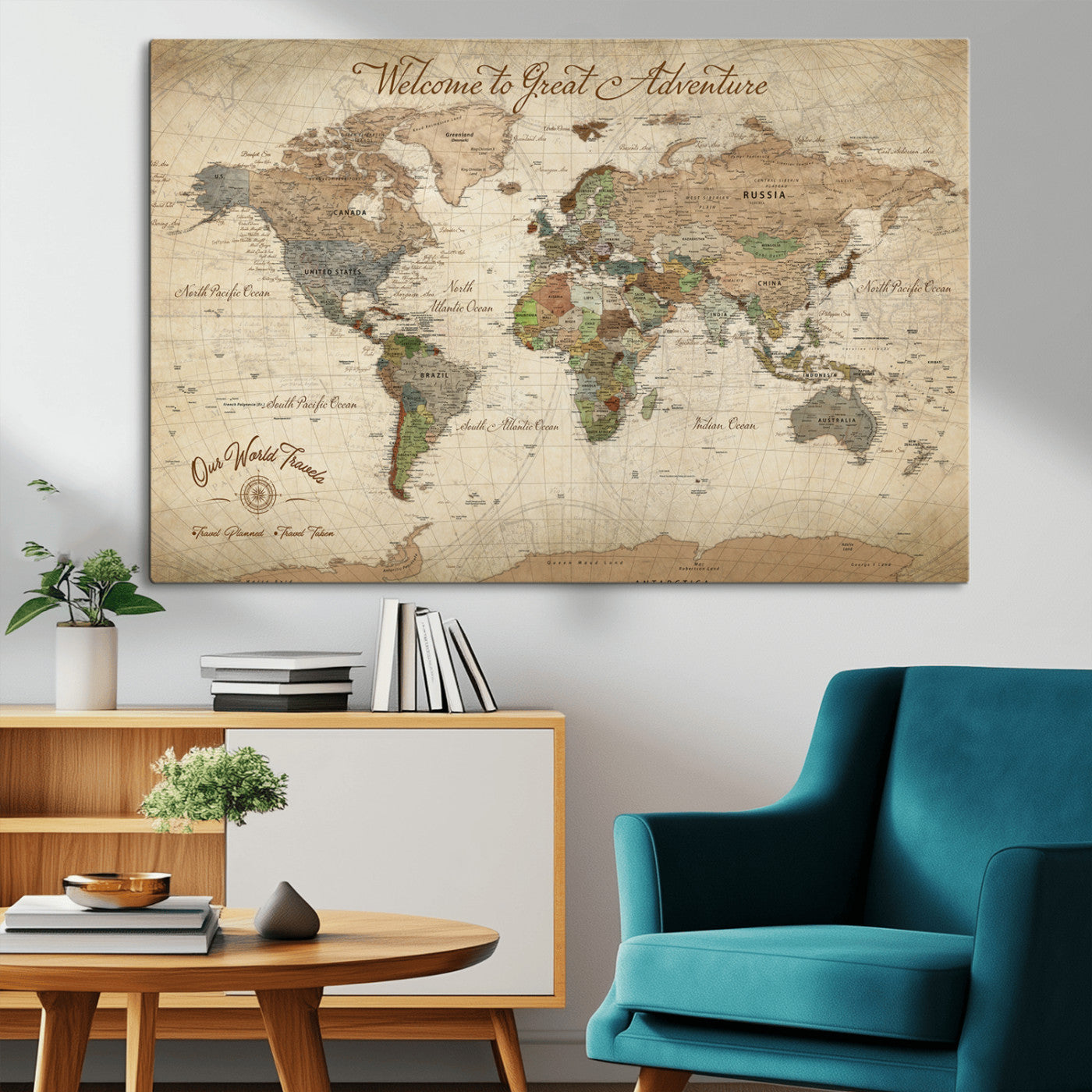 -Personalized Antique World Map Canvas Print – Custom Push Pin Travel Tracker Vintage Adventure Gift for Couples for Home, Office