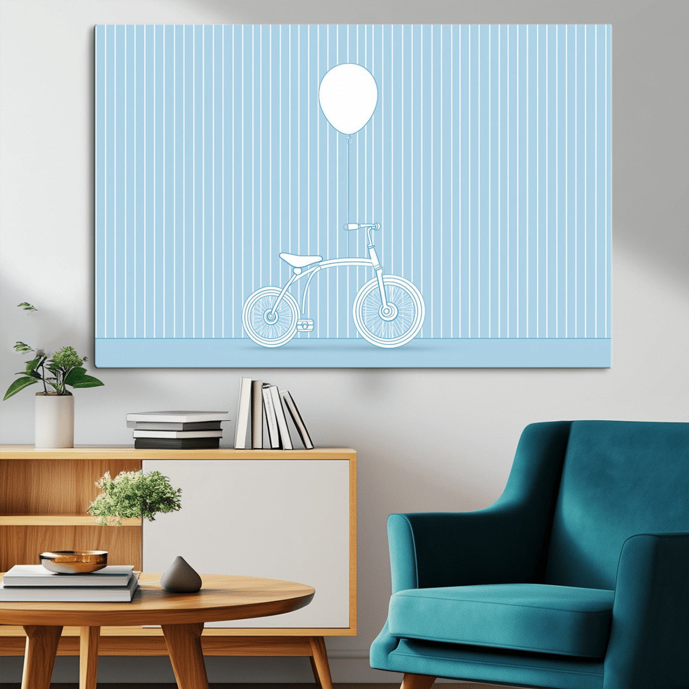 A minimalistic blue line drawing of a bicycle with a balloon floating above it, set against a soft striped background.
