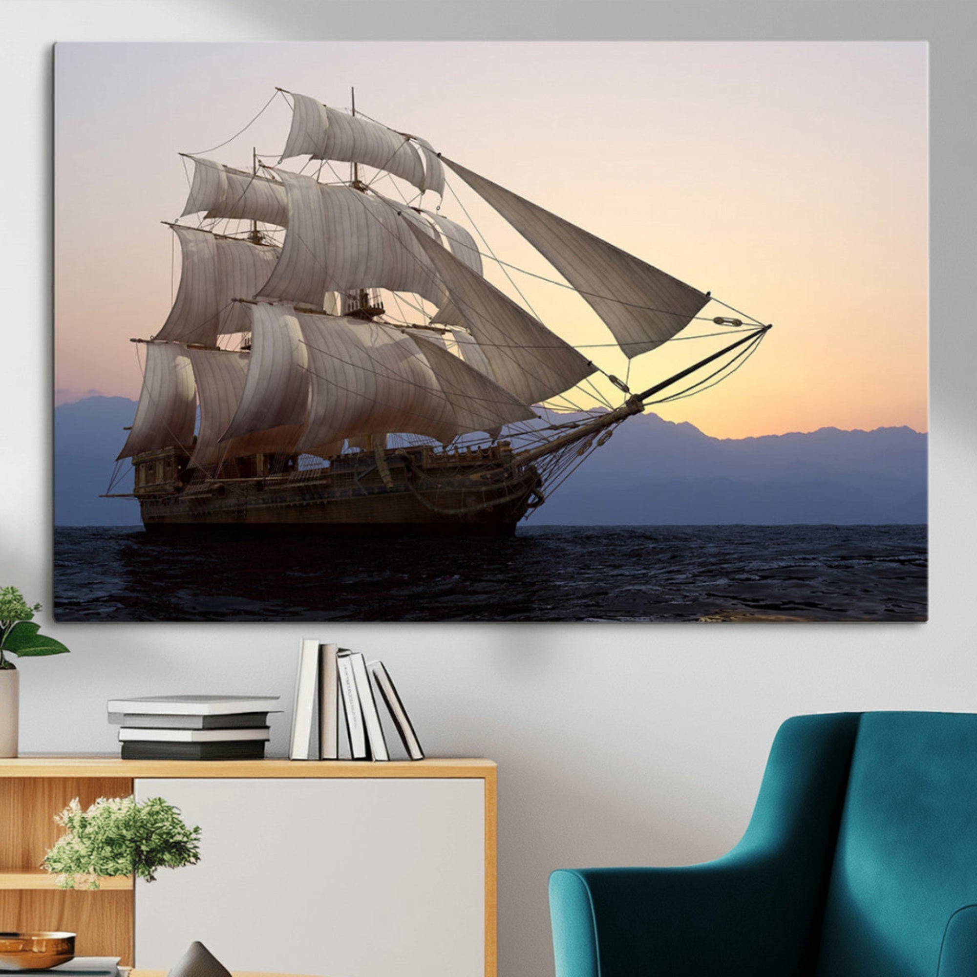31270610-MGV-CV-36X24-Sailing Ship Wall Art Canvas Print – Sunset Ocean Voyage Vintage Adventure Nautical Marine Travel Decor for Home Office