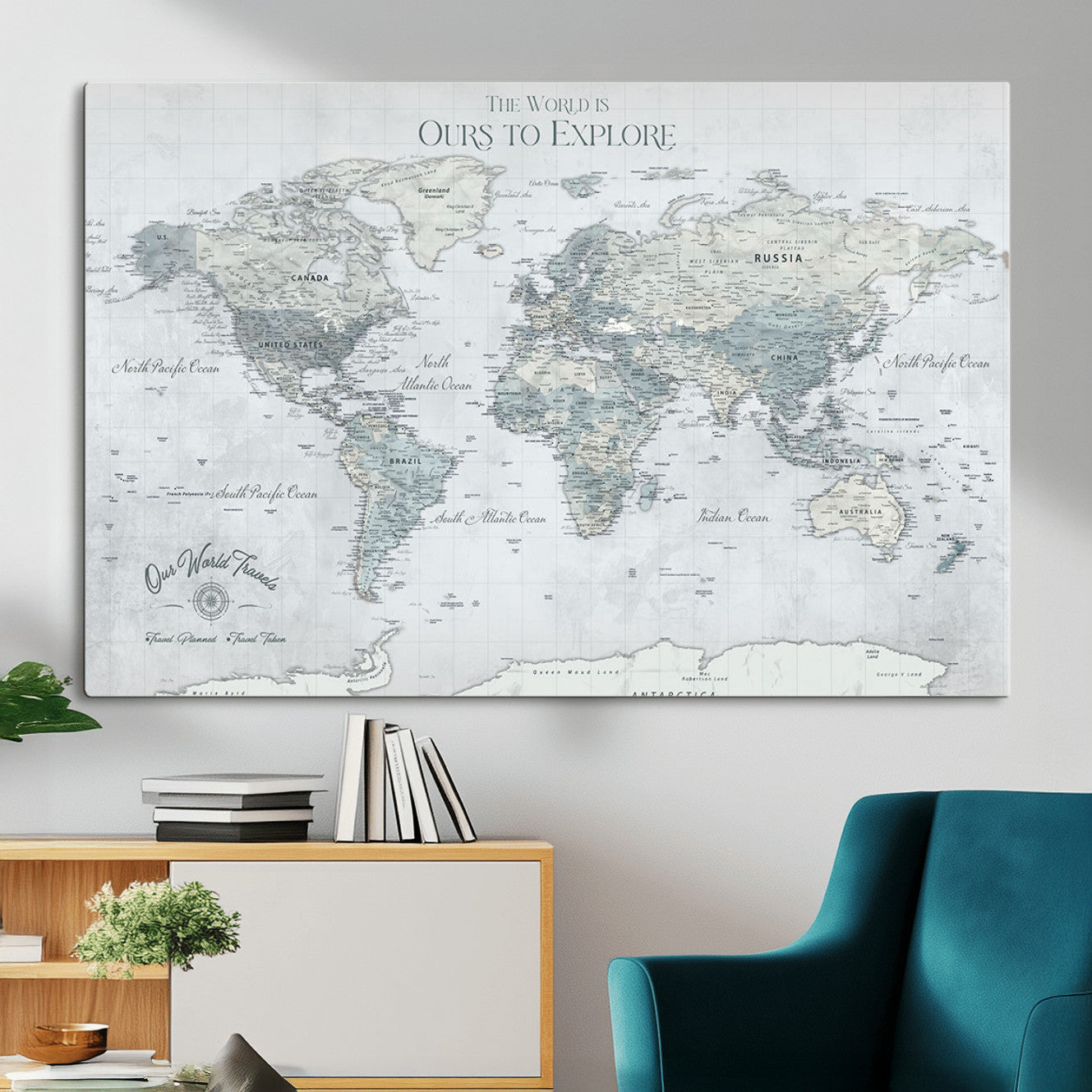 73654056-MGV-CV-36X24 - Personalized Push Pin World Map Canvas Print – Custom Framed Travel Tracker Artwork for Couples or Home Decor
