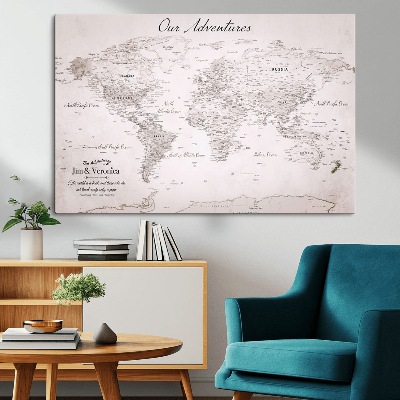 14561774-MGV-CV-36X24-Custom Push Pin World Map Wall Art – Personalized Travel Canvas Print with Foam Pins Framed Decor for Home, Office